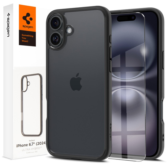 Carcasa Spigen pentru iPhone 16 Plus, Ultra Hybrid, negru + sticlă temperată 9H