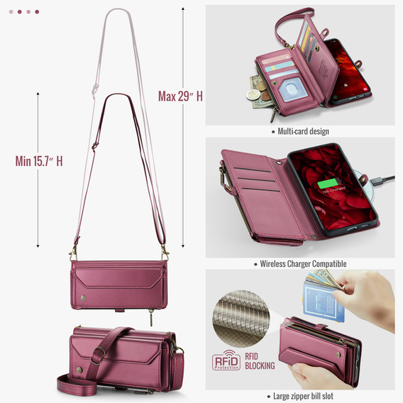 Husă CASEME pentru Samsung Galaxy S25 FE, RFID Leather Wallet, cu curea de umăr, roșu