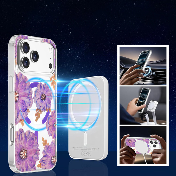 Husă magnetică cu model floral realizat cu laser pentru iPhone 17 Pro