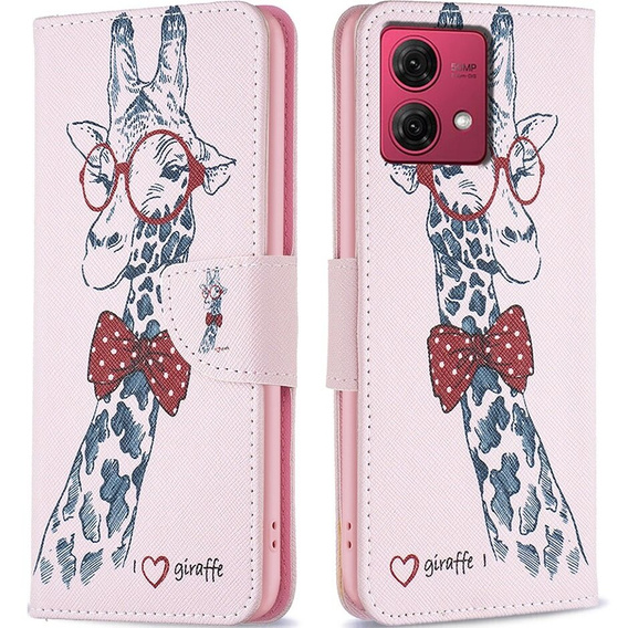 Cu clapetă pentru Motorola Moto G84 5G, Wallet, giraffe, roz