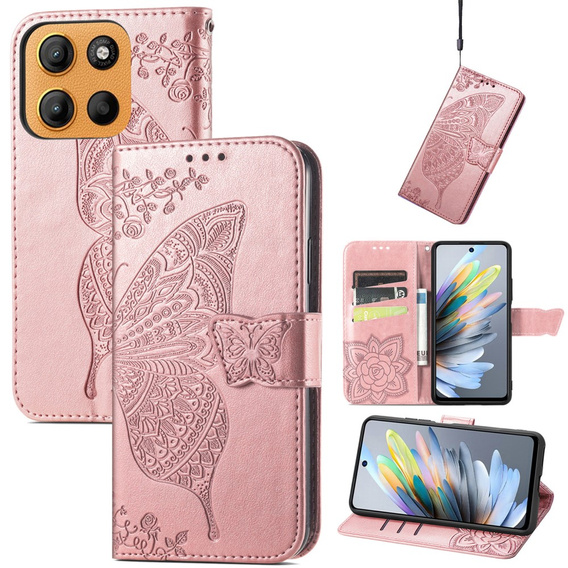 Cu clapetă pentru Motorola Moto G15 / Motorola Moto G15 Power, Butterfly, roz rose gold