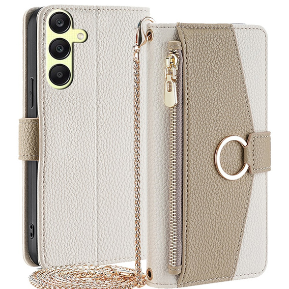 Carcasă flip pentru Samsung Galaxy A25 5G, Wallet Zipper Pocket, cu oglindă, alb
