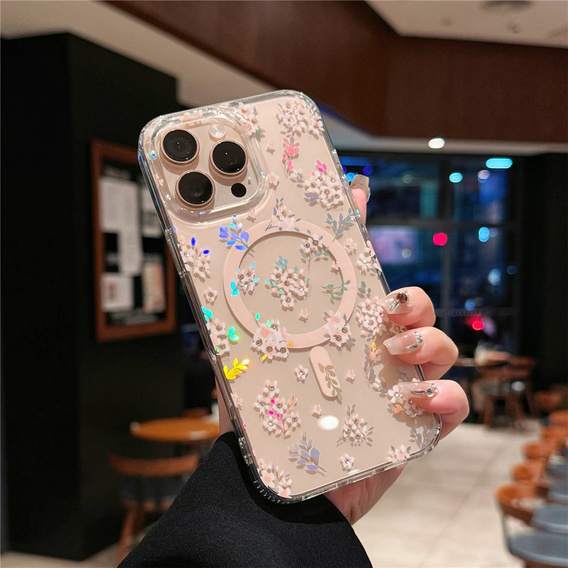 Husă magnetică cu model floral realizat cu laser pentru iPhone 16 Pro