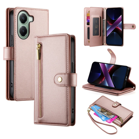 Cu clapetă pentru Xiaomi Poco X7 Pro 5G, Wallet Zipper Pocket, roz