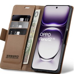 Husă pentru Oppo Reno 12, ERBORD Glossy Litchi, portofel cu clapetă, maro