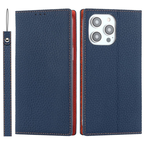 Cu clapetă pentru iPhone 14 Pro Max, Litchi Skin Grain, albastru închis