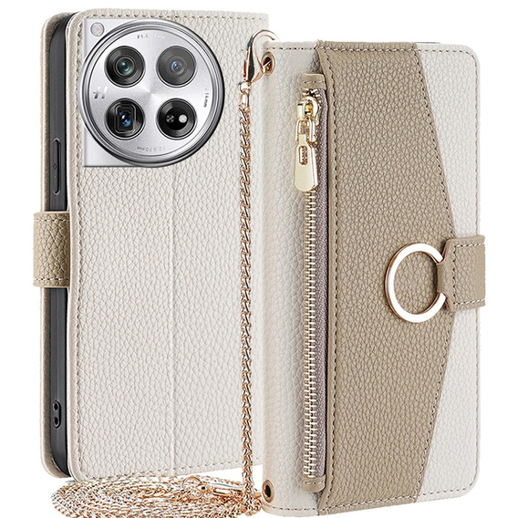 Carcasă flip pentru OnePlus 12 5G, Wallet Zipper Pocket, cu oglindă, alb