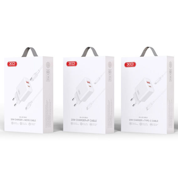 Încărcător de rețea XO CE12, USB-C, 20W + cablu USB-C - Lightning, alb