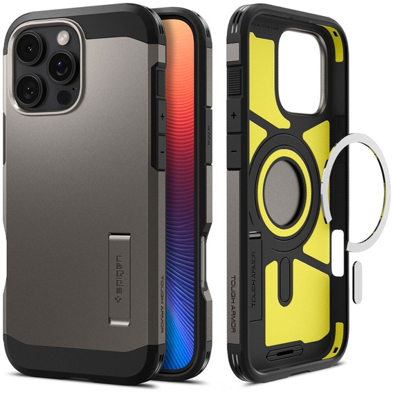 Carcasa Spigen pentru iPhone 16 Pro Max, Tough Armor Mag MagSafe, gri + 9H Tempered Glass