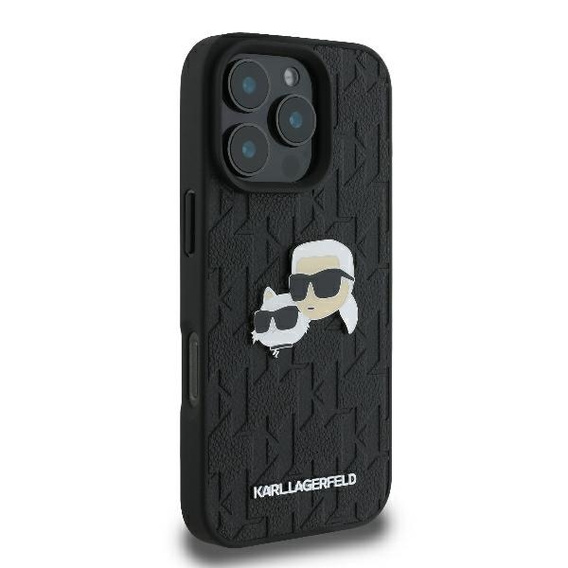 Husă rigidă Karl Lagerfeld Monogram Karl & Choupette Head Pin pentru iPhone 16 Pro