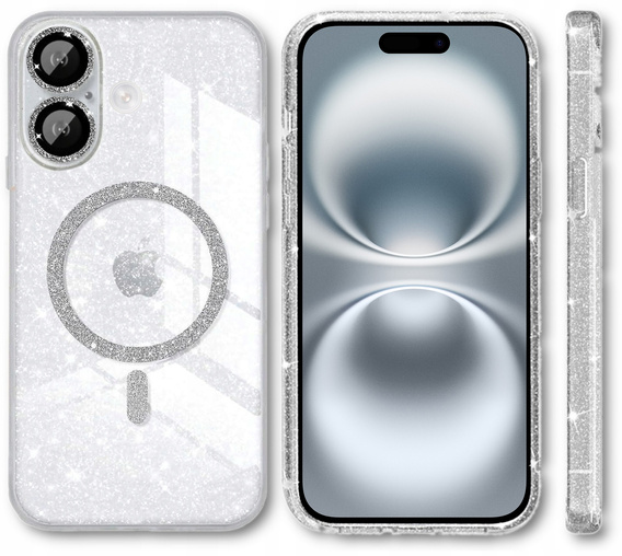 Husă pentru iPhone 16, ERBORD Glitter MagSafe, transparentă + Sticlă pentru ecran
