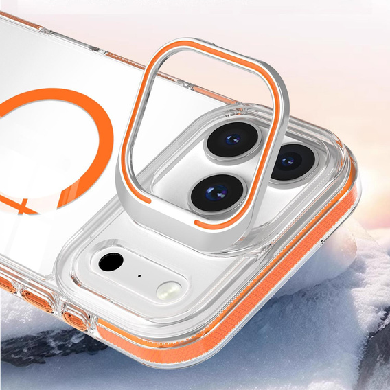 Husă pentru iPhone 17 Pro, pentru MagSafe, cu suport, transparentă cu inserții portocalii