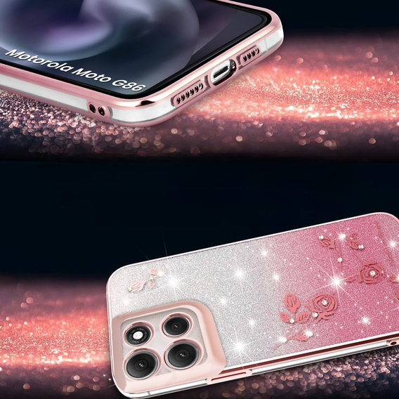 Husă pentru Motorola Moto G86 5G, Glitter Flower, roz rose gold