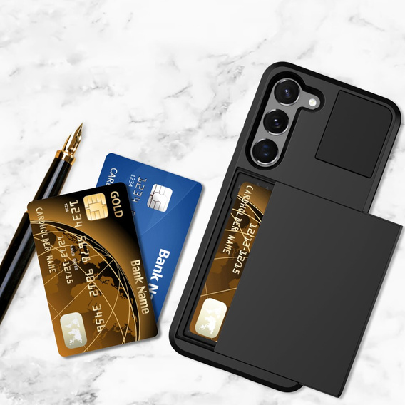 Huse pentru Samsung Galaxy S23, Sliding Card Holder, negru