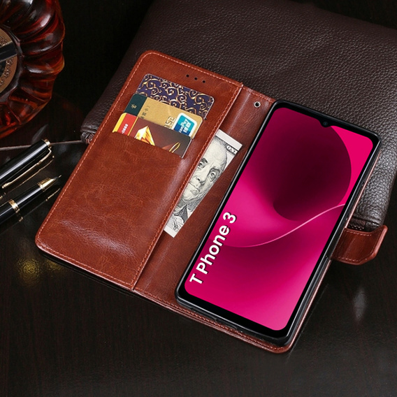 Cu clapetă pentru T Phone 3 5G, Crazy Horse Wallet, maro