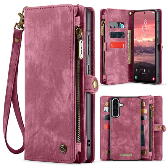 Husă CASEME pentru Samsung Galaxy A56 5G, Retro Leather Wallet, cu curea de umăr, roșu