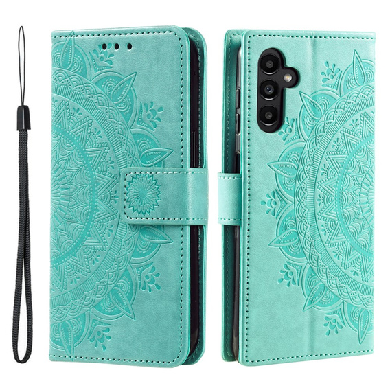 Cu clapetă pentru Samsung Galaxy A15, Mandala Flower, albastru + sticlă 9H 