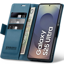 Husă pentru Samsung Galaxy S25 Ultra, ERBORD Glossy Litchi, portofel cu clapetă, albastru