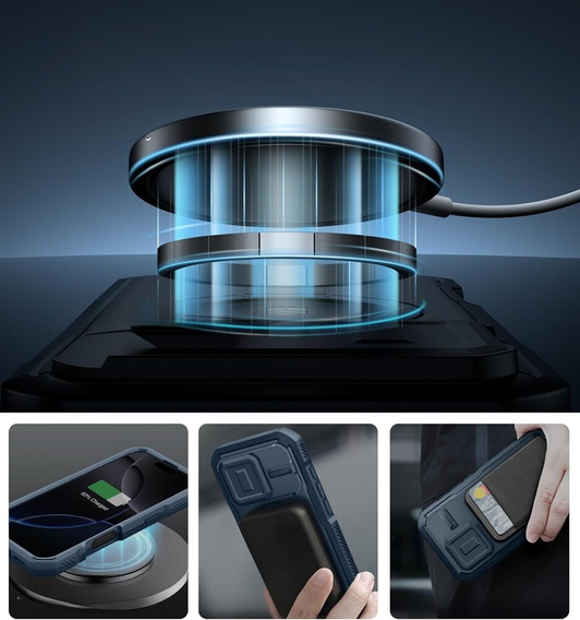 Husă blindată pentru iPhone 16 Pro, Dexnor CamProtect MagSafe, albastru (Două rame)