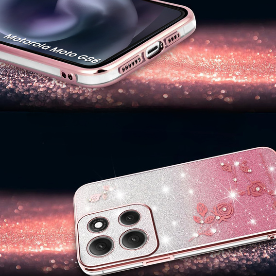 Husă pentru Motorola Moto G86 5G, Glitter Flower, roz rose gold