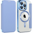 Cu clapetă pentru iPhone 15 Pro, RFID Wallet MagSafe CamShield, albastru