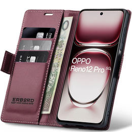 Husă pentru Oppo Reno 12 Pro, ERBORD Glossy Litchi, portofel cu clapetă, roșu