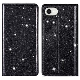 Carcasa flip pentru iPhone 16E, Card Slot Glittery, negru