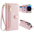Cu clapetă pentru iPhone 14 Pro Max, Wallet Zipper Pocket, roz