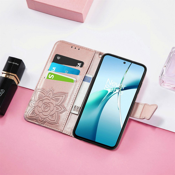 Cu clapetă pentru Xiaomi Redmi Note 14 4G, Butterfly, roz rose gold