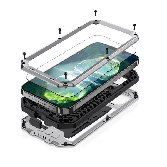 Husă pentru iPhone 13, R-JUST CamShield Slide, armată, de argint / negru