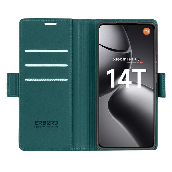 Husă pentru Xiaomi 14T Pro, ERBORD Glossy Litchi, portofel cu clapetă, verde