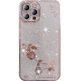 Husă pentru iPhone 13 Pro Max Glitter Flower, roz rose gold