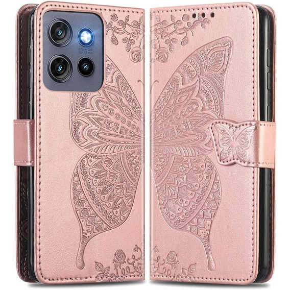 Cu clapetă pentru Motorola Edge 50 Neo / Motorola ThinkPhone 25, Butterfly, roz rose gold