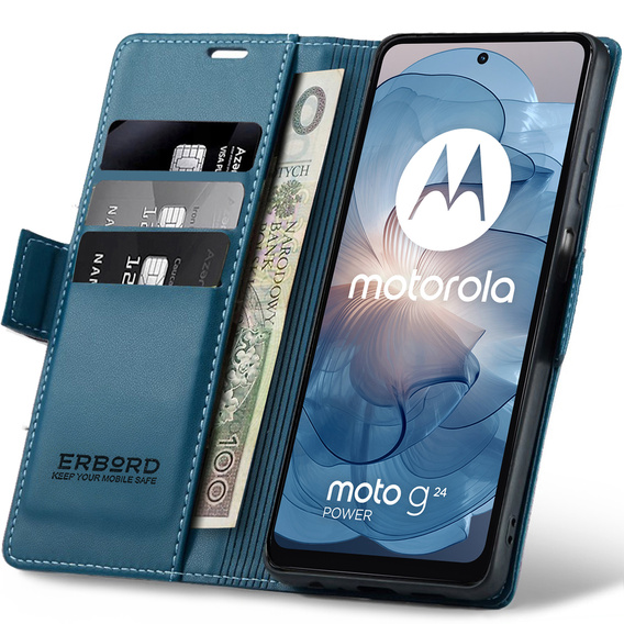 Husă pentru Motorola Moto G24 Power, ERBORD Glossy Litchi, portofel cu clapetă, albastru