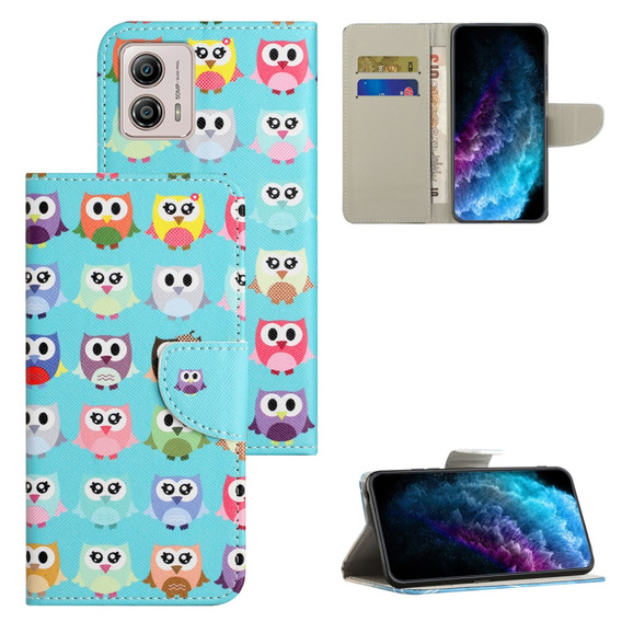 Cu clapetă pentru Motorola Moto G73 5G, Wallet, owls, albastru