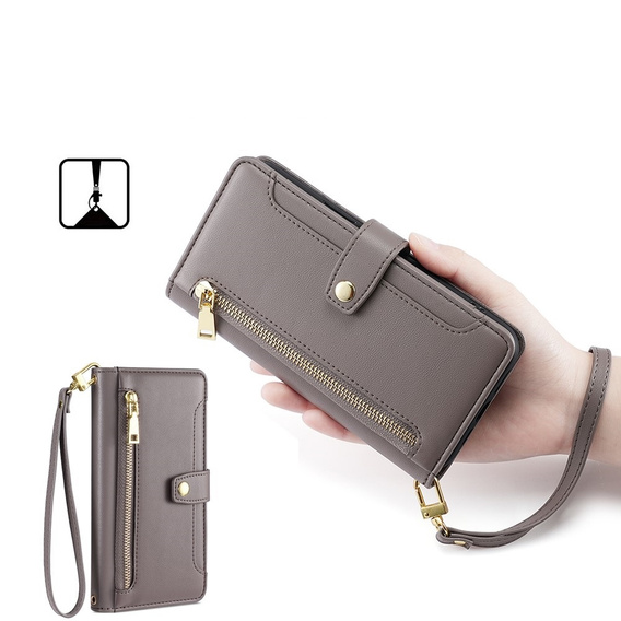 Cu clapetă pentru Xiaomi Redmi Note 13 Pro+, Wallet Zipper Pocket, gri