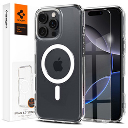 Carcasă MagSafe Spigen pentru iPhone 16 Pro, Ultra Hybrid, transparent / alb + 9H Tempered Glass