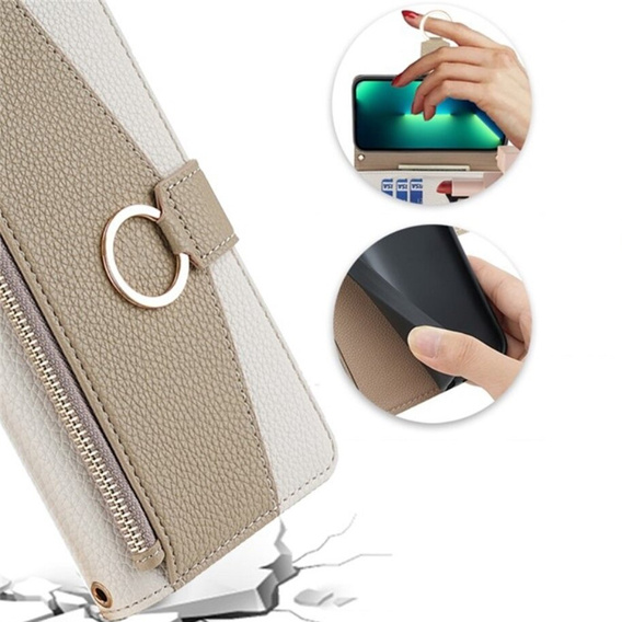 Carcasă flip pentru iPhone 13, Wallet Zipper Pocket, cu oglindă, alb