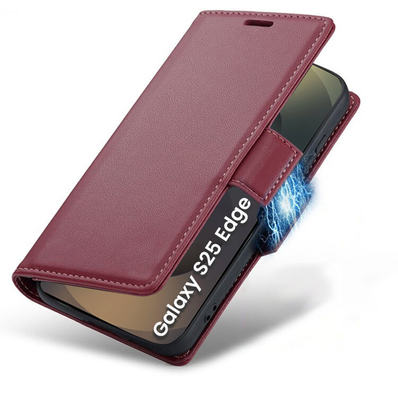 Husă pentru Samsung Galaxy S25 Edge, ERBORD Glossy Litchi, portofel cu clapetă, roșu