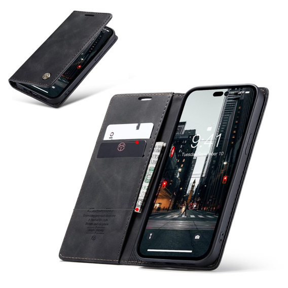 Husa CASEME pentru iPhone 14 Pro, Leather Wallet Case, negru