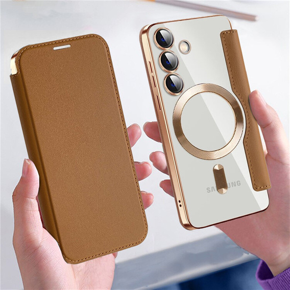Cu clapetă pentru Samsung Galaxy S24, RFID Wallet MagSafe CamShield, maro