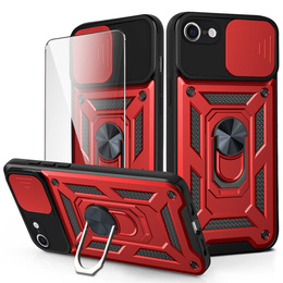 Carcasă blindată pentru iPhone 16E, CamShield Slide, roșu + sticlă călită 9H