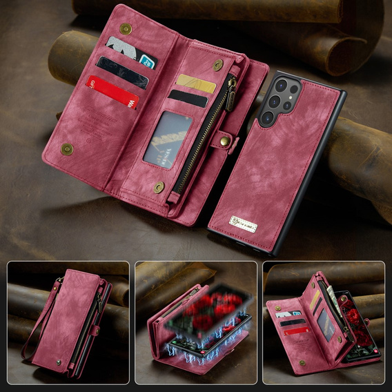 Husă CASEME pentru Samsung Galaxy S25 Ultra, Retro Leather Wallet, cu curea de umăr, roșu