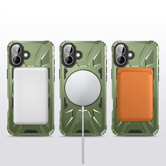 Carcasă pentru iPhone 16, blindată cu suport și placă pentru mâner, verde