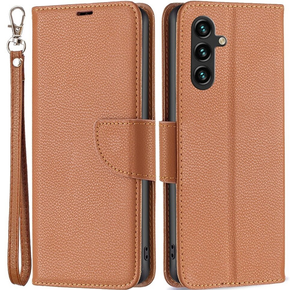 Cu clapetă pentru Samsung Galaxy A15, Wallet Litchi Leather, maro + sticlă 9H 