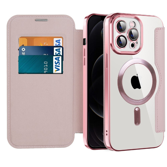 Cu clapetă pentru iPhone 12 Pro Max, RFID Wallet MagSafe CamShield, roz
