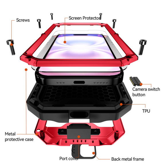 Husă blindată R-JUST cu protecție pentru ecran și suport pentru iPhone 17