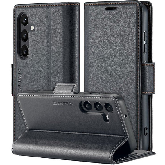 Husă pentru Samsung Galaxy A25 5G, ERBORD Glossy Litchi, portofel cu clapetă, negru