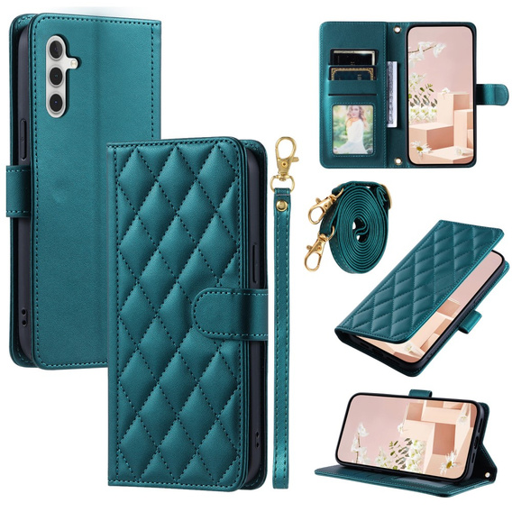 Husă cu clapetă pentru Samsung Galaxy A55 5G, Rhombus Crossbody Leather, verde închis