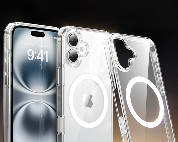Carcasă ERBORD MagSafe pentru iPhone 16, buton activ, transparentă + Sticlă pentru ecran